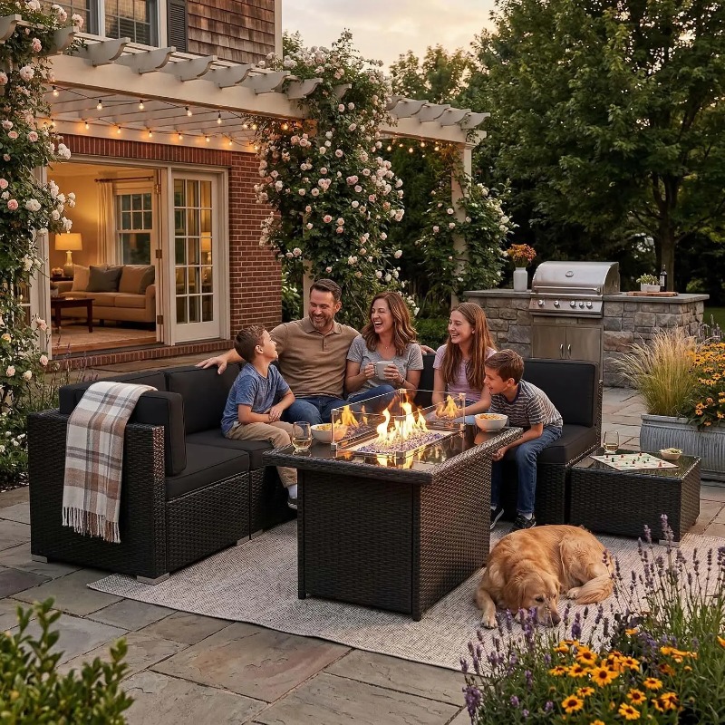 Outdoor Furniture With Fire Pit Table - 8-местный комплект плетеной мебели для патио