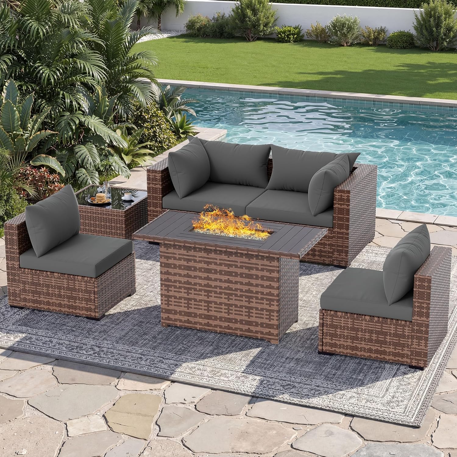 Outdoor Furniture With Fire Pit Table - Комплект уличной секционной мебели из 5