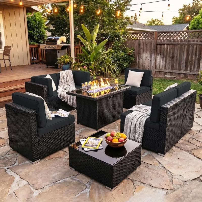 8-местный комплект плетеной ме – обзор и цена Outdoor Furniture With Fire Pit Table