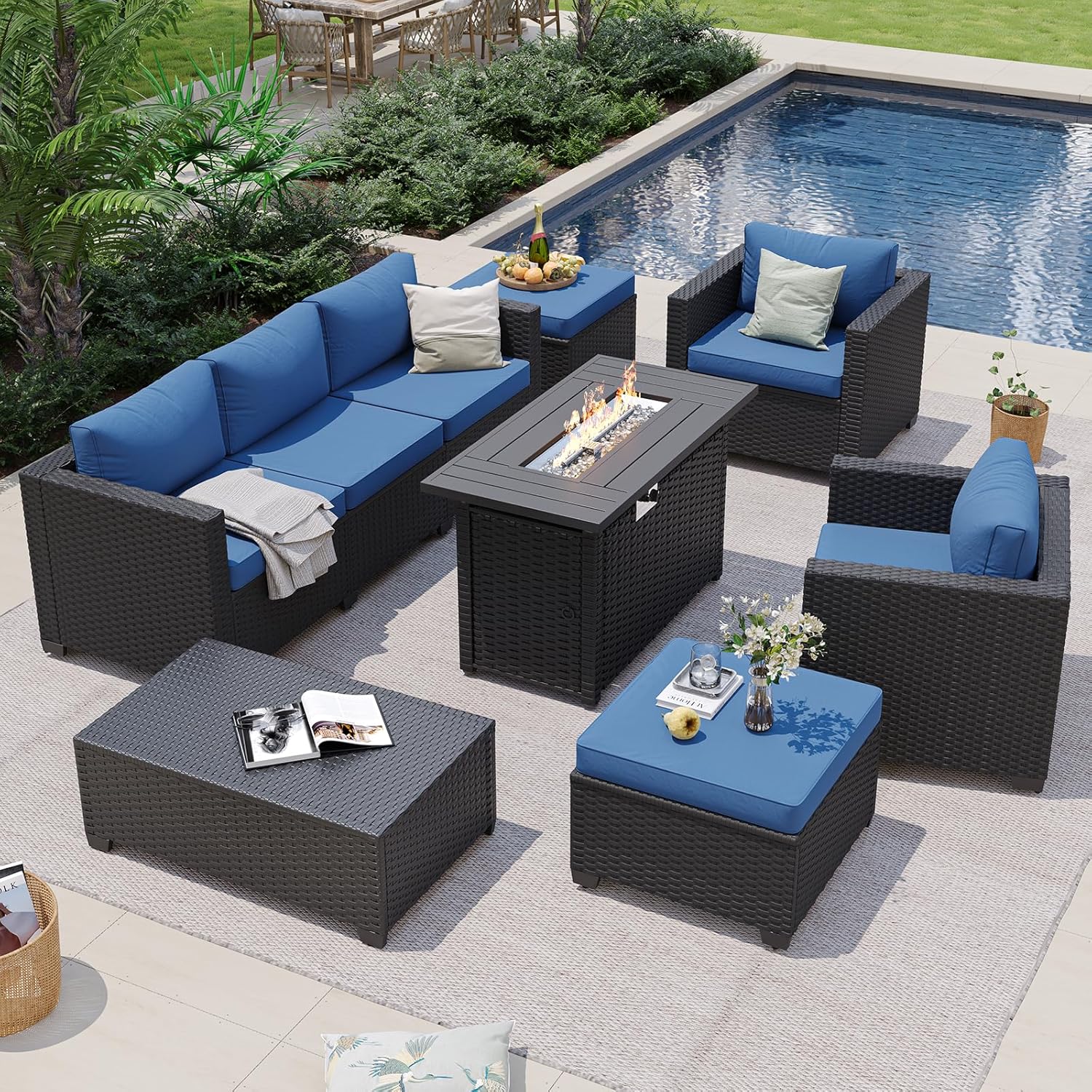 Синий уличный секционный диван – обзор и цена Outdoor Furniture With Fire Pit Table